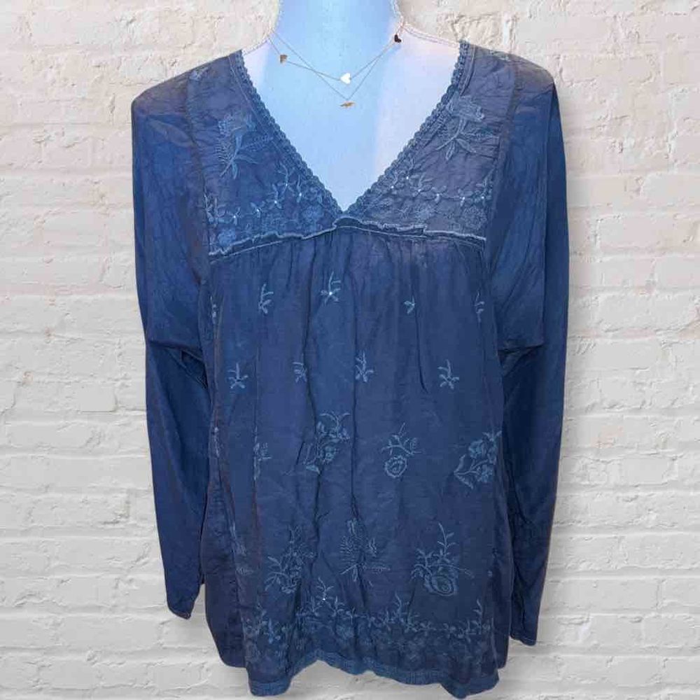 Johnny Was Navy Blue Embroidered V-Neck Blouse